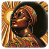 Retro portrait of a Black woman with an afro, headwrap, and sunglasses on a sunburst background.