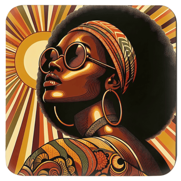 Retro portrait of a Black woman with an afro, headwrap, and sunglasses on a sunburst background.