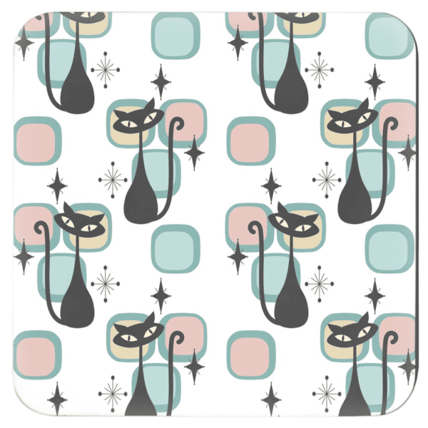 Mid‑century modern atomic cat print coaster photographed flat on a table.