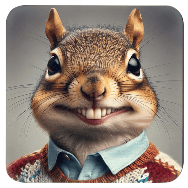 Coaster with Portrait of a squirrel wearing human clothes in a humorous school‑photo pose.