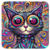 Psychedelic cat illustration with bright swirling colors.