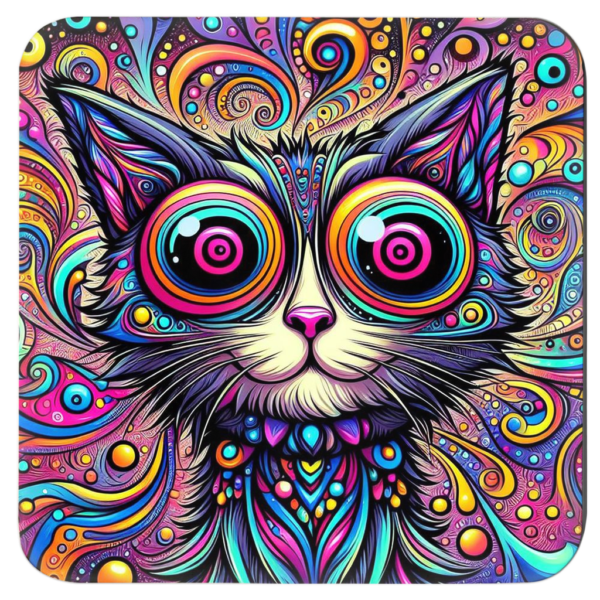 Psychedelic cat illustration with bright swirling colors.