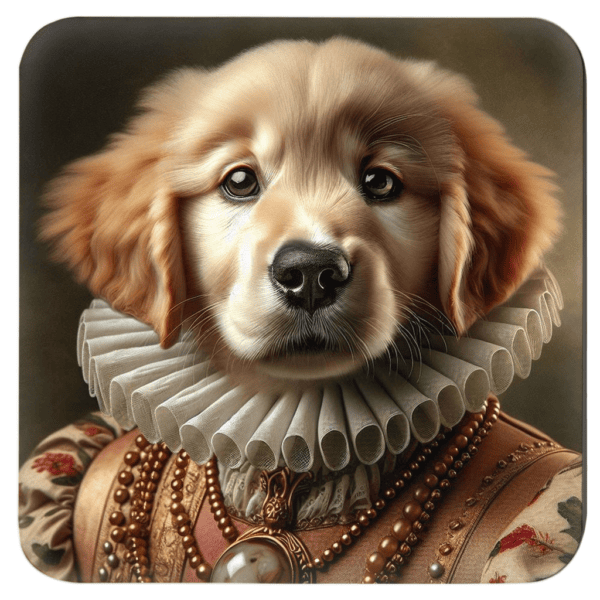 Dog in ornate historical attire, posed like a classical portrait.