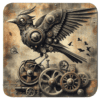 Steampunk mechanical bird illustration with gears and metal details.