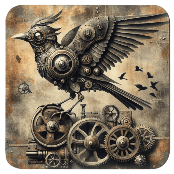 Steampunk mechanical bird illustration with gears and metal details.