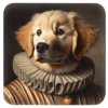 Golden retriever in Renaissance costume with ruffled collar.
