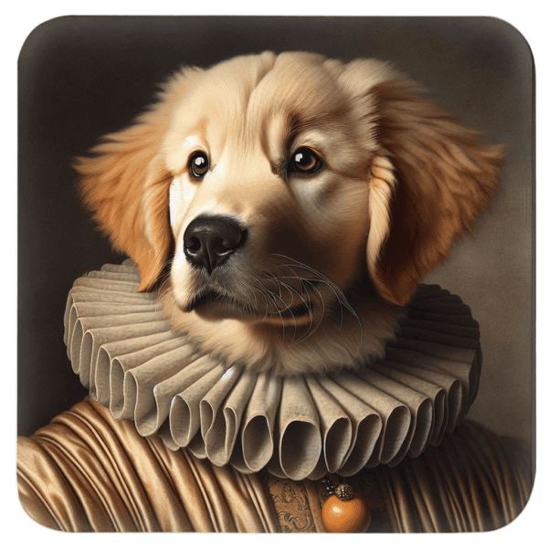 Golden retriever in Renaissance costume with ruffled collar.