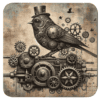 Mechanical bird in steampunk style with brass gears and pipes.