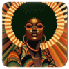 70s‑style portrait of a Black woman with an afro and round sunglasses on an orange sunburst background.
