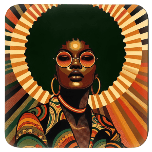 70s‑style portrait of a Black woman with an afro and round sunglasses on an orange sunburst background.