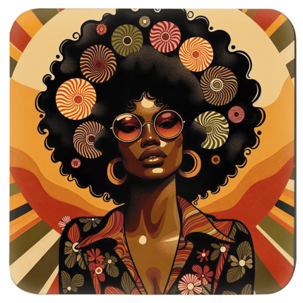 Retro portrait of a Black woman with an afro, hoop earrings, and sunglasses on a sunburst background.
