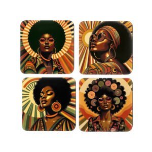 Four vibrant 70s‑style portraits of Black women with afros and sunglasses, arranged in a square collage with bold retro color palettes.