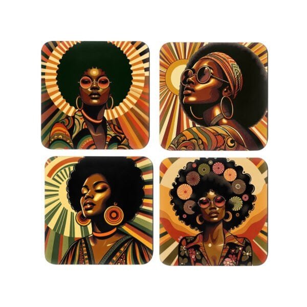 Four vibrant 70s‑style portraits of Black women with afros and sunglasses, arranged in a square collage with bold retro color palettes.