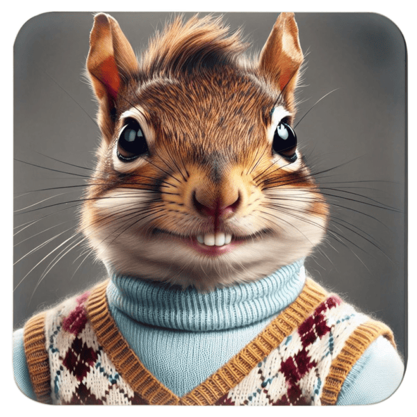 Image of a coaster with image of a squirrel wearing human clothes in a humorous school‑photo pose.