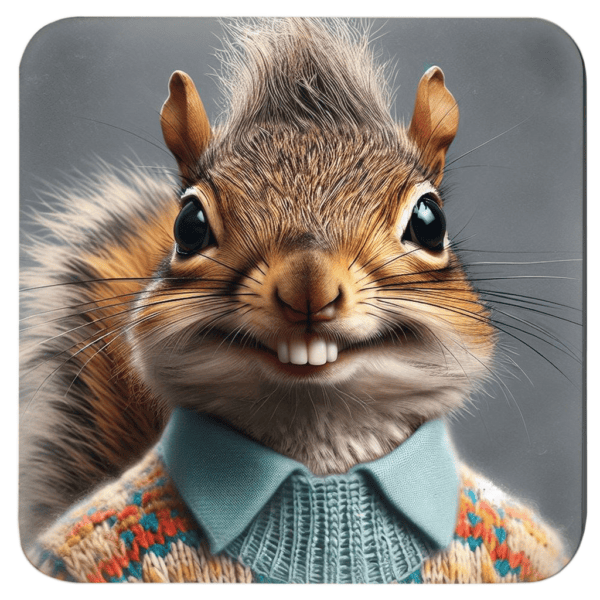 Anthropomorphic squirrel in a goofy school‑photo style portrait.