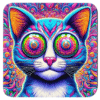 Surreal cat illustration in vibrant, kaleidoscopic colors.