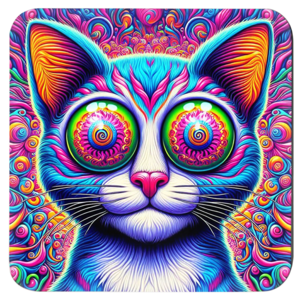 Surreal cat illustration in vibrant, kaleidoscopic colors.