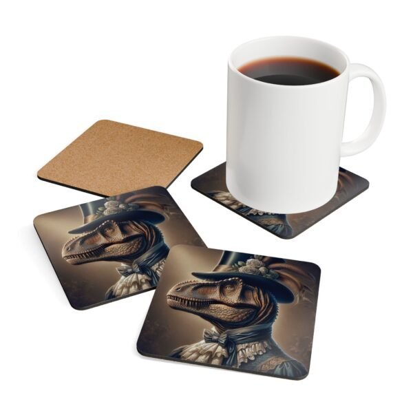 Coaster set with Anthropomorphic dinosaur wearing Victorian formal clothing shown with a mug for scale.