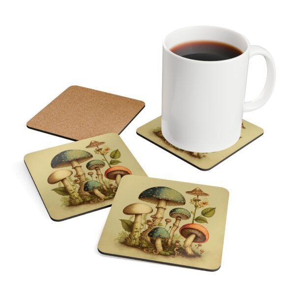 Set of 4 square 70's style mushroom print coasters shown with mug for scale.