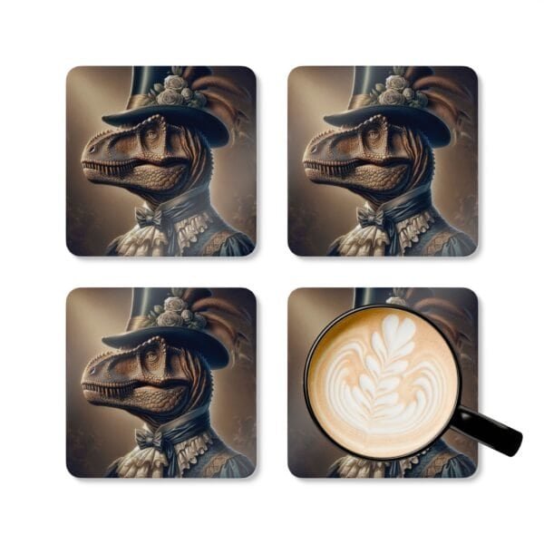 Coaster set with Anthropomorphic dinosaur wearing Victorian formal clothing shown with a mug for scale.