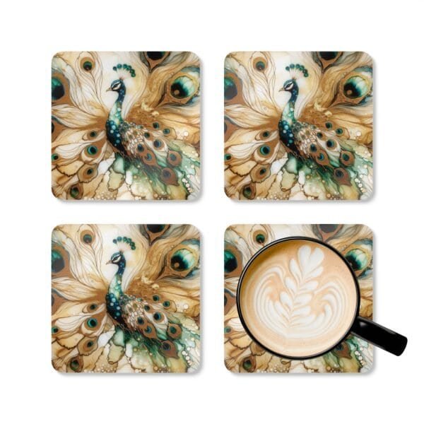 Watercolor style peacock coaster set shown with mug for scale.