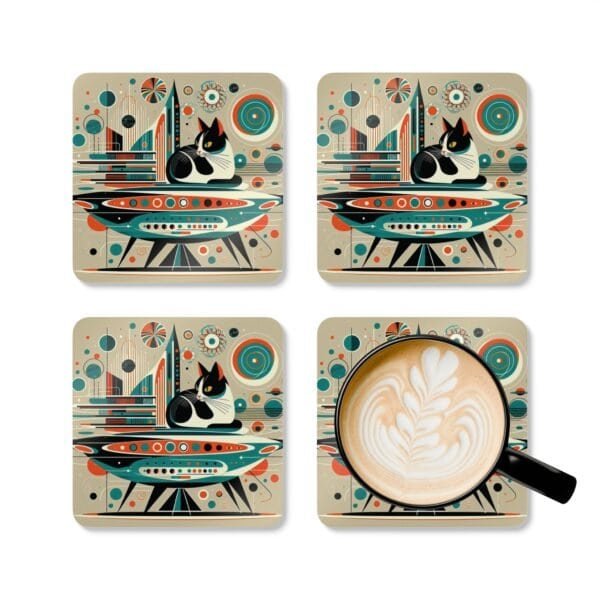 Mid century modern atomic print with a cat coaster set shown with a mug for scale.