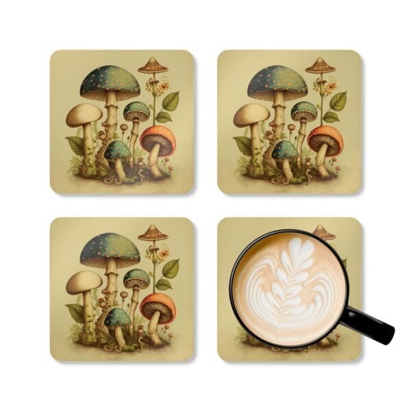 Set of 4 square 70's style mushroom print coasters shown with mug for scale.