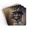Coaster set with Anthropomorphic dinosaur wearing Victorian formal clothing stacked on a table.