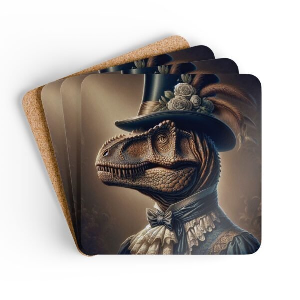Coaster set with Anthropomorphic dinosaur wearing Victorian formal clothing stacked on a table.