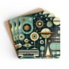 Mid century modern atomic print coaster set stacked on a table.