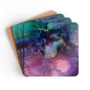 Abstract watercolor coaster set stacked on a table.