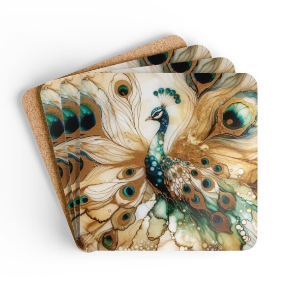 Watercolor style peacock coaster set stacked on a table.