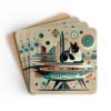 Mid century modern atomic print with a cat coaster set stacked on a table.