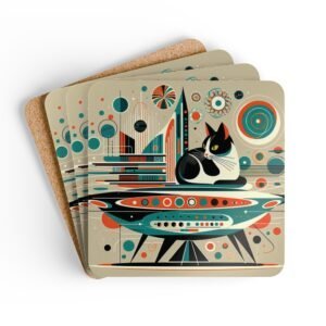 Mid century modern atomic print with a cat coaster set stacked on a table.