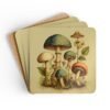 Set of 4 coasters with whimsical mushroom illustration with colorful caps and foliage stacked on a table.