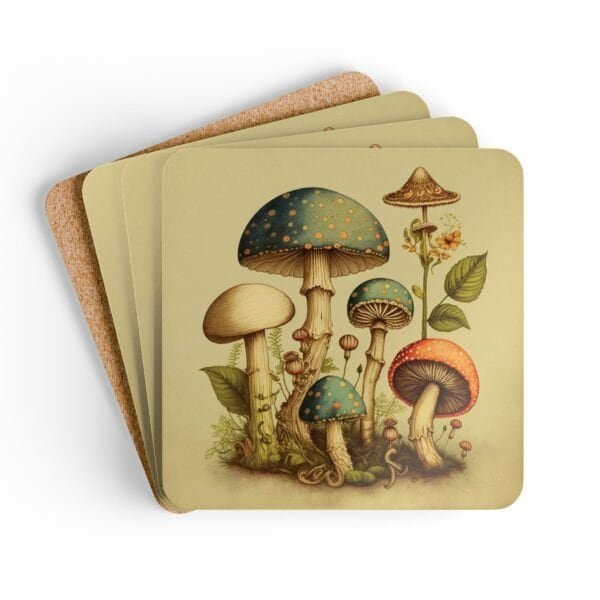 Set of 4 coasters with whimsical mushroom illustration with colorful caps and foliage stacked on a table.