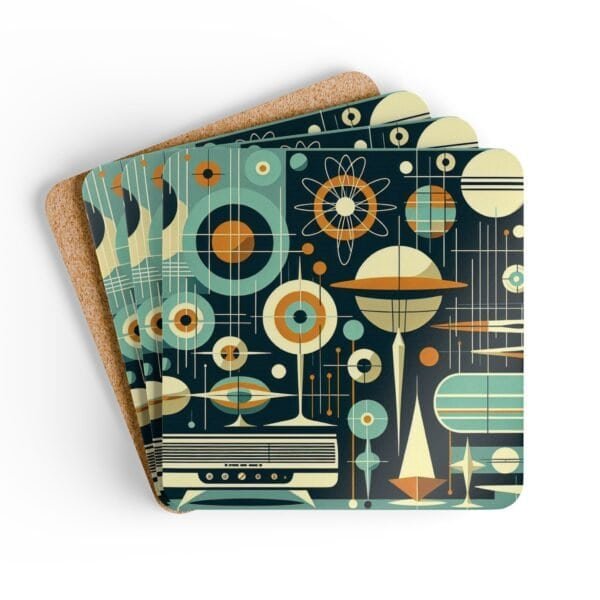 Mid century modern atomic print coaster set stacked on a table.