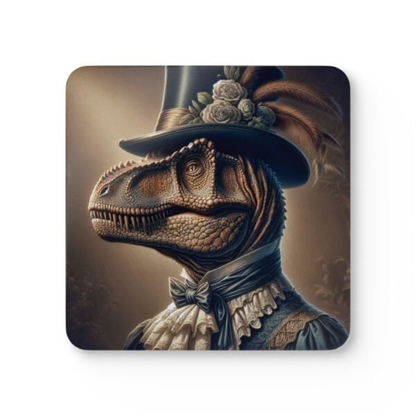 Anthropomorphic dinosaur wearing Victorian formal clothing.