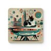 Mid century modern atomic print with a cat coaster set stacked on a table.