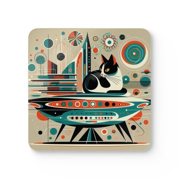 Mid century modern atomic print with a cat coaster set stacked on a table.