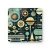 Front image of Mid century modern atomic print coaster on a table.