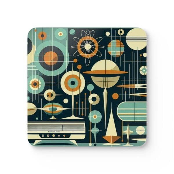 Front image of Mid century modern atomic print coaster on a table.