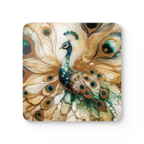 Watercolor style peacock coaster photographed on a table.