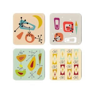 Mid‑century modern atomic print coaster set of 4 photographed flat on a table.