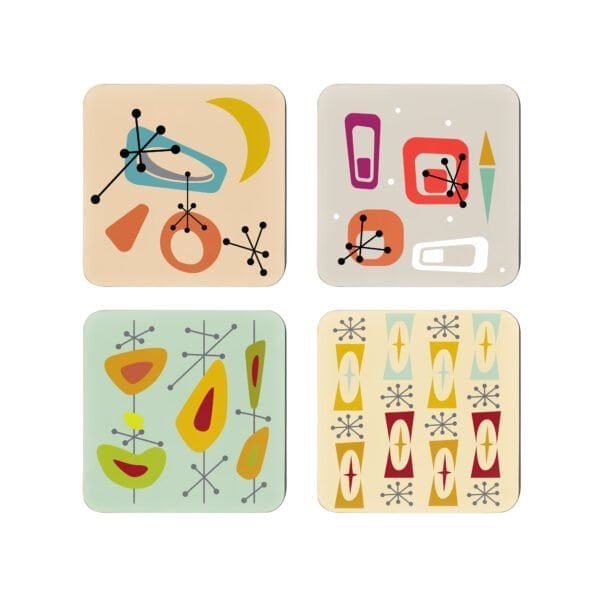 Mid‑century modern atomic print coaster set of 4 photographed flat on a table.