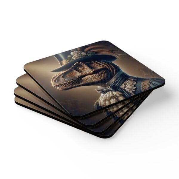 Coaster set with Anthropomorphic dinosaur wearing Victorian formal clothing stacked on a table.