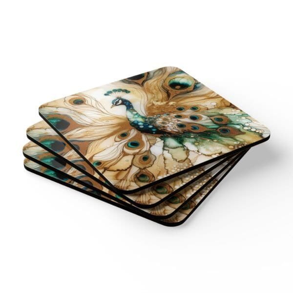 Watercolor style peacock coaster set stacked on a table.