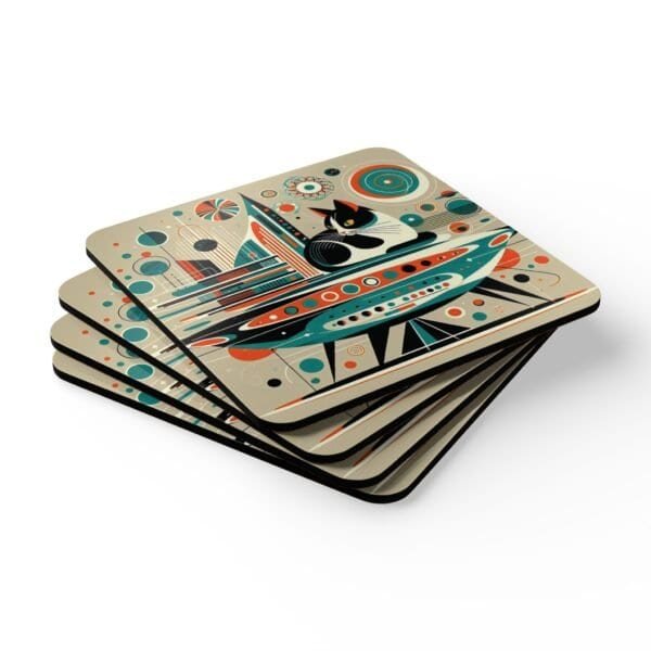 Mid century modern atomic print with a cat coaster set stacked on a table.