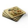 Set of 4 coasters with whimsical mushroom illustration with colorful caps and foliage stacked on a table.