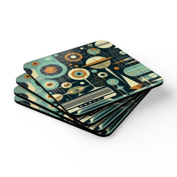 Mid century modern atomic print coaster set stacked on a table.
